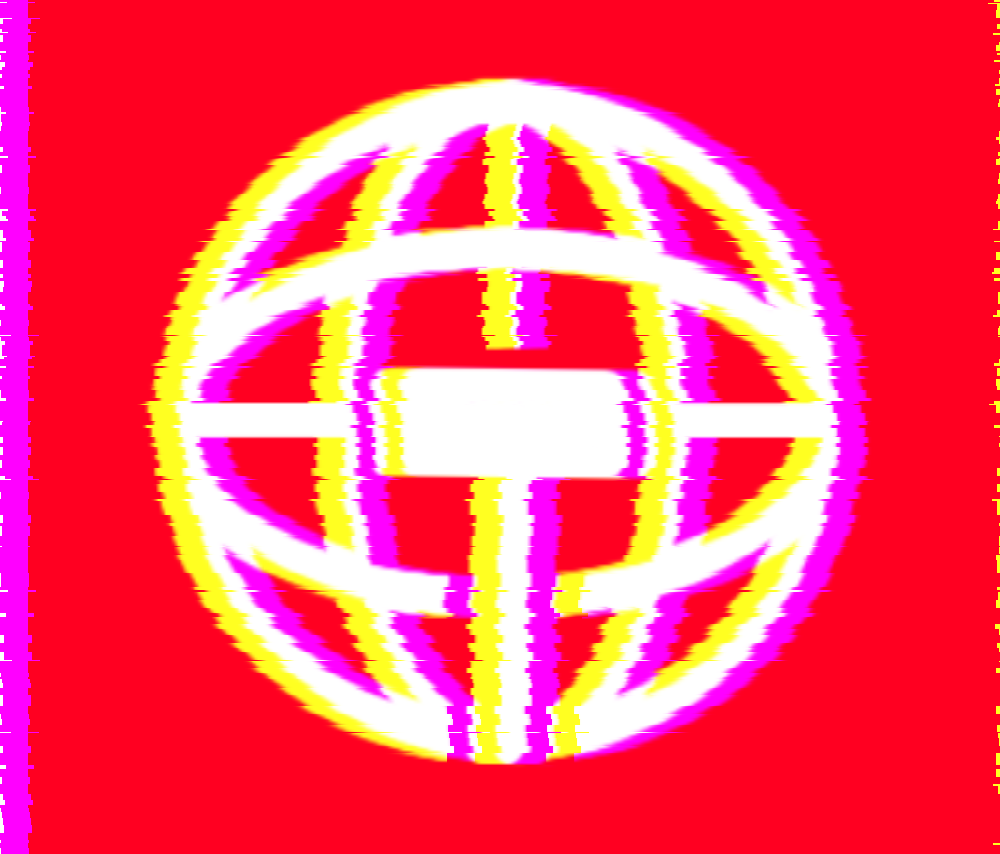 Fallo cromático de un simbolo de la World Wide Web con un martillo en frente, fondo rojo.