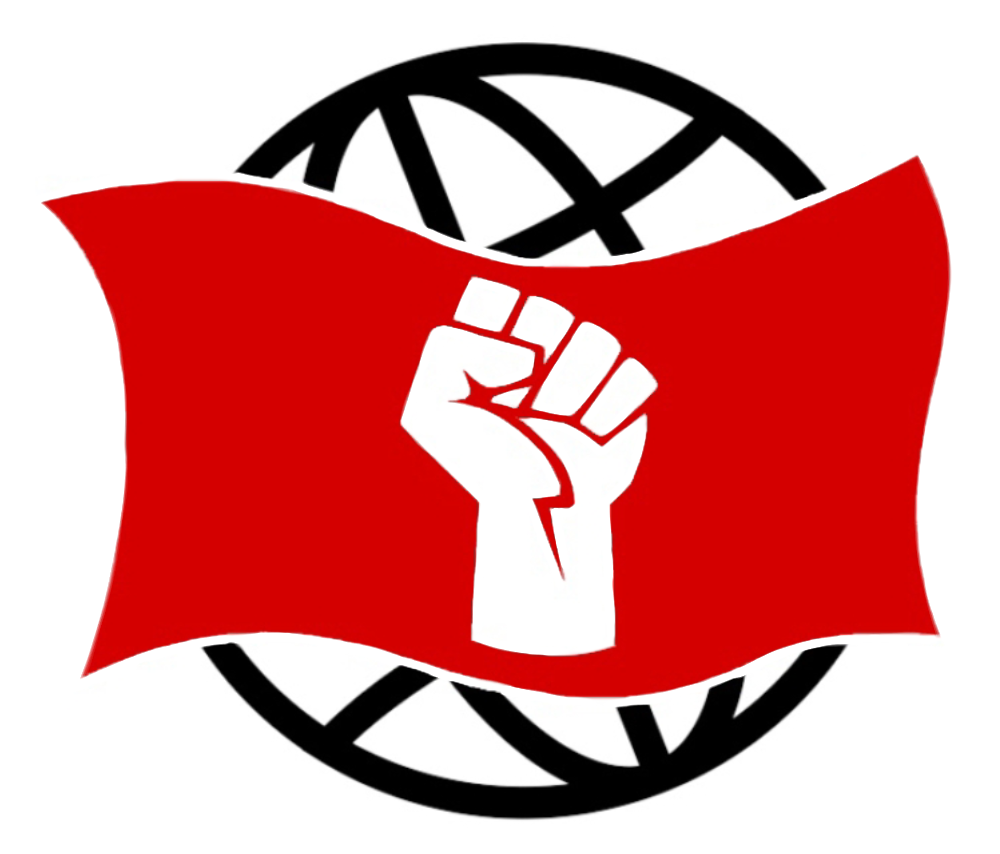 Bandera con dibujo de puño en alto, detrás el logo de WWW inclinado a la izquierda.
